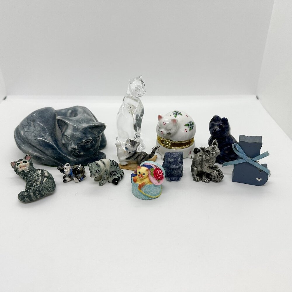 Vtg Blue Silver Tabby Cat Cats Figurine Lot Collection Stone Crystal